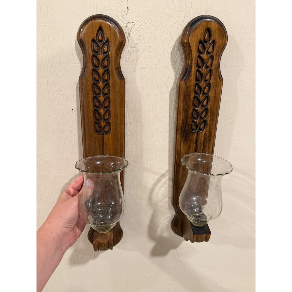 Vintage Wood Wheat Wall Sconces Pair with Glass Hurricane Shades Farmhouse Decor